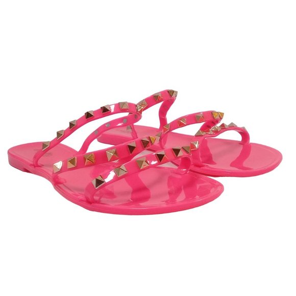 Charlotte Russe Women's NEW Pink Gold Studded Jelly Slip-On Flat Strap Sandal 7 - Picture 3 of 12